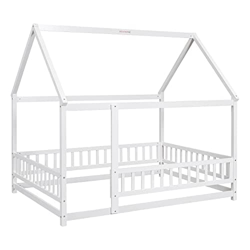 Montessori Floor Bed Frame with Roof & Fence, White, No Box Spring Needed