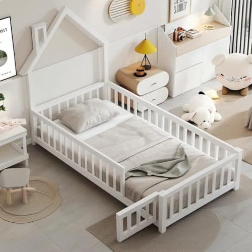 Twin Size Montessori Floor Bed with Door & Roof, Easy Assembly & Guardrails, Natural Finish