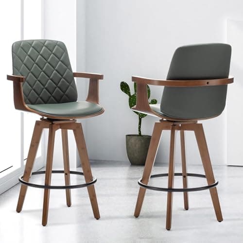 Set of 2 Upholstered Faux Leather Swivel Bar Stools with Wooden Arms and Legs, 25.6-Inch Seat Height (Black, 26 Counter Height)