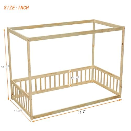 Twin Size Floor Bed Canopy Frame for Kids, Wood Fence, Natural, No Box Spring Needed