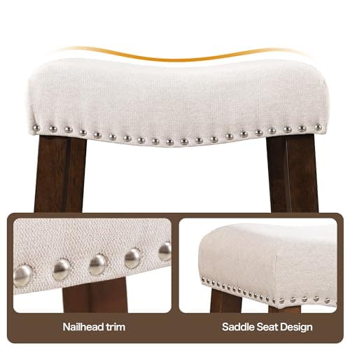 24" Modern Backless Bar Stools with Footrest & Nailhead Trim, Beige, Set of 2