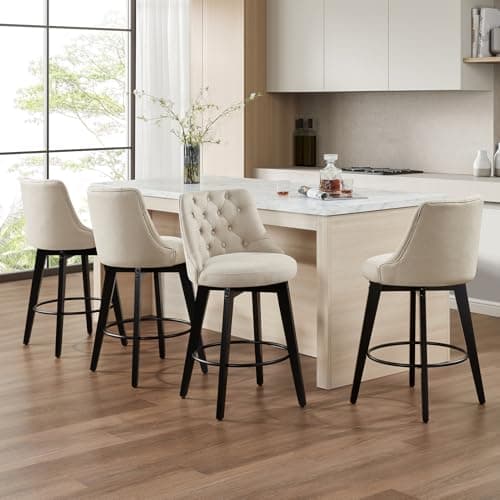 Beige Farmhouse Counter Height Bar Stool Set of 4 Kitchen Island Chairs