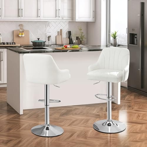 VECELO Counter Height Bar Stool Set, Adjustable with Back & Arm, Swivel PU Leather, White