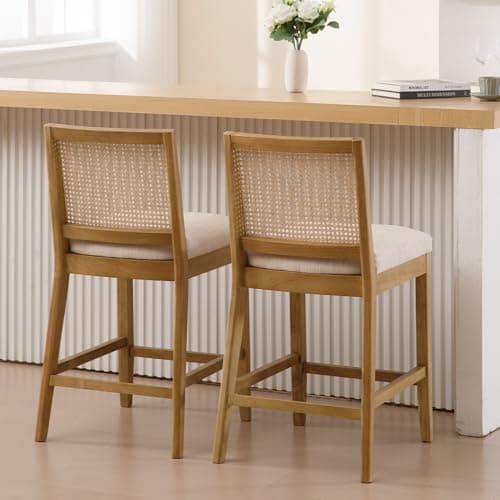 Rattan 26" Counter Stools, Set of 4, Cream Boho Kitchen Chairs