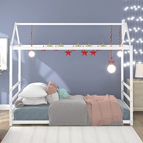 LUSPAZ White Wood House-Shaped Bed with Headboard, Sturdy Montessori Bed Frame for Toddlers & Babies