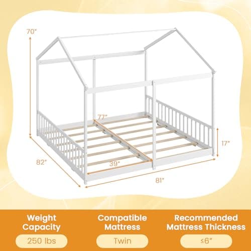Giantex Double Twin Floor Beds, Wood Montessori with Fence & Roof, White