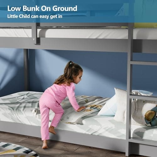 Twin Over Twin Bunk Bed with Ladder & Full-Length Guardrail for Dormitory and Bedroom, Grey Color, 400LBS Capacity