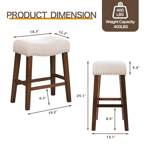 24" Modern Backless Bar Stools with Footrest & Nailhead Trim, Beige, Set of 2