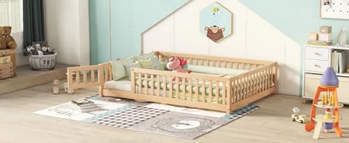 Montessori Wooden Floor Bed Frame with Fence & Headboard, White