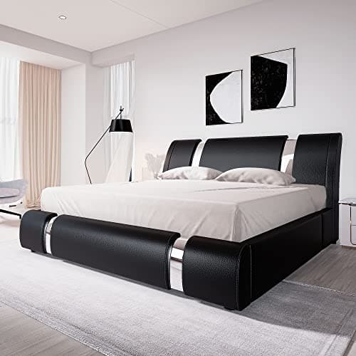 Allewie Black Queen Bed Frame with Iron Decor & Faux Leather Upholstered Platform