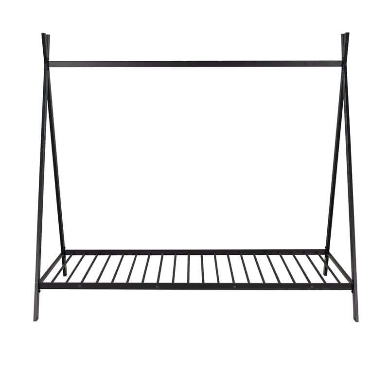 i-POOK Twin Size House Bed for Children, Metal Platform Bed Frame with Low Floor Bed Tent, Black