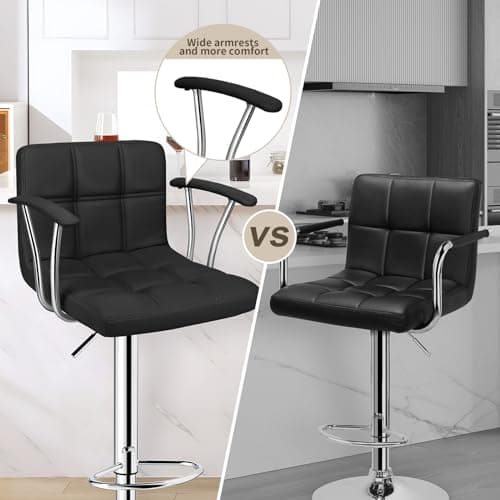 Black Counter Height Bar Stools, Adjustable Swivel with Armrests Set of 2