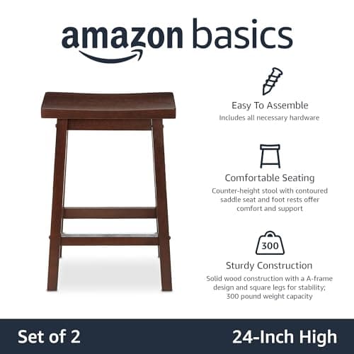 Amazon Basics 24" Solid Wood Saddle-Seat Kitchen Island Barstool, Set of 2, Walnut Finish