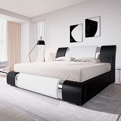Allewie Black Queen Bed Frame with Iron Decor & Faux Leather Upholstered Platform