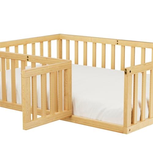 Montessori Twin Size Floor Bed for Children, Wood Frame with Fence & Door, Natural Color