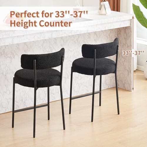Furnilivng 24'' Modern Boucle Bar Stools, Curved Back, Black Metal Frame, Kitchen Island, Bar, Dining Room