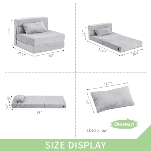 Tiita Kids Foldable Futon Bed Mattress Sofa with Storage Bag, Plush Grey