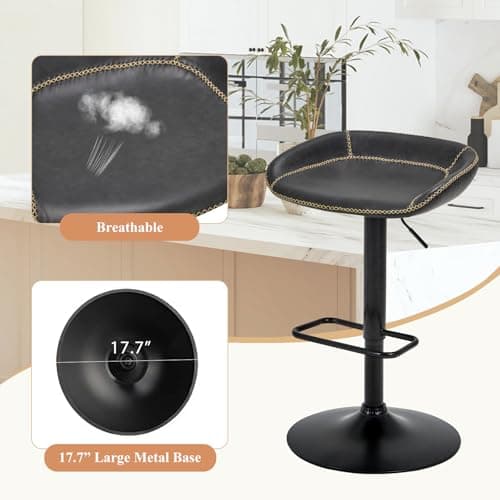 Adjustable Leather Swivel Bar Stools Set of 2 for Kitchen Island and Dining Room in Black