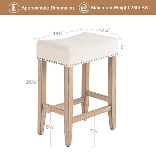 Furniliving Beige Upholstered Bar Stools Set of 2, 25.7 Inch Counter Height