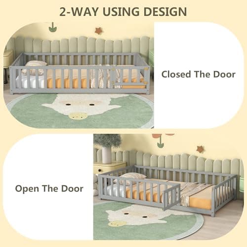 Montessori Twin Floor Bed with Door, Fence & Safety Guardrail - Grey