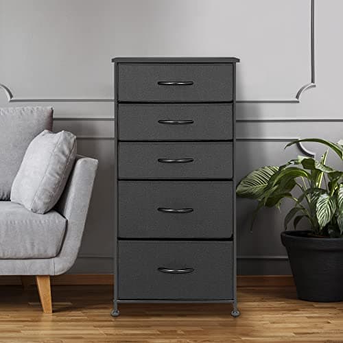 Black Vertical Storage Tower Dresser with 5 Drawers & Wood Top for Bedroom