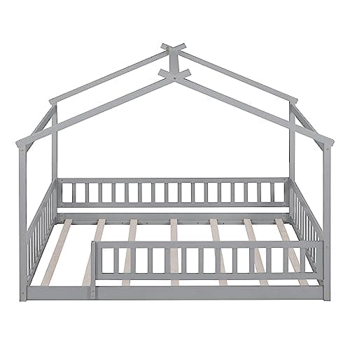 Full Size Wood Montessori Bed with Roof and Fence-Shaped Guardrails, Gray