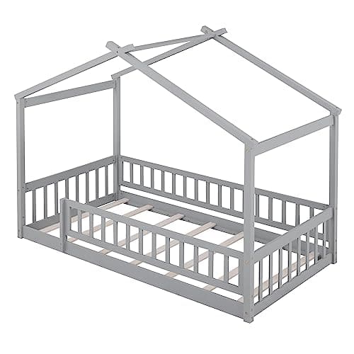 Solid Wood Montessori Floor Bed Frame for Kids with Roof and Guardrails, Gray