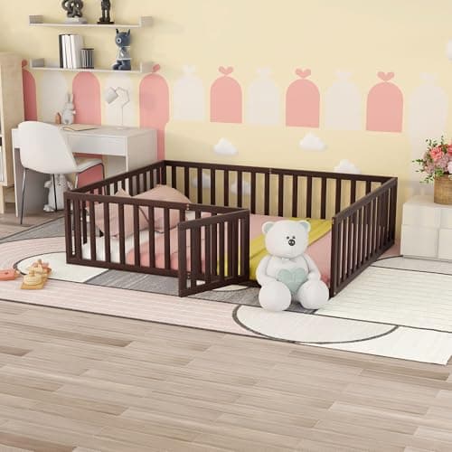 Sturdy Pine Wood Queen Bed Frame with Fence and Door, Walnut Finish