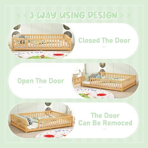 Montessori Floor Bed with Safety Guardrails and Door for Kids