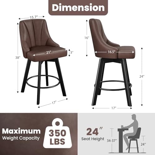 24" Brown Leather Bar Stools with Back, Solid Wood Legs for Kitchen Island