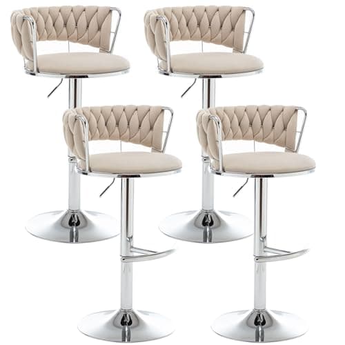 Beige Velvet Gold Bar Stools Set of 4, Counter Height, Low Back, Adjustable & Swivel