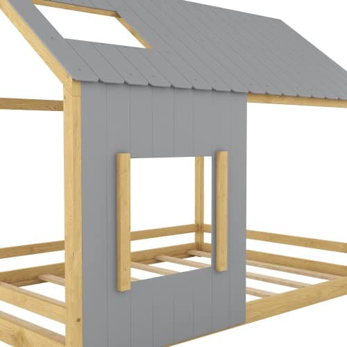 i-POOK Twin Size House Bed with Roof and Window, Gray+Natural
