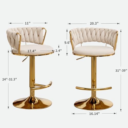 Beige Velvet Gold Bar Stools Set of 4, Counter Height, Low Back, Adjustable & Swivel