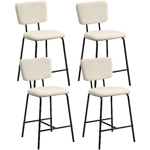 Set of 4 White Counter Height Bar Stools - Modern Upholstered Boucle Fabric Chairs