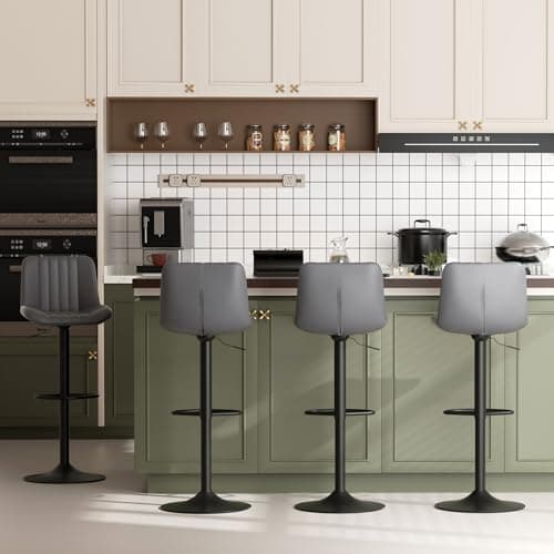JAMFLY Black Swivel Bar StoolSet of 4, Adjustable Leather Chairs