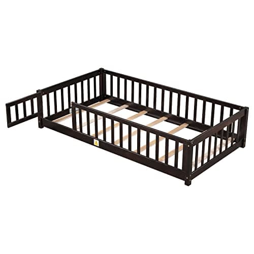 Twin Size Wood Montessori Bed with Convertible Door & Safety Guardrails for Kids, Espresso