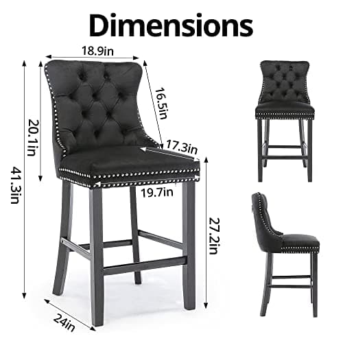 Velvet Counter Height Bar Stools Set of 2, Button Tufted with Nailheads Trim