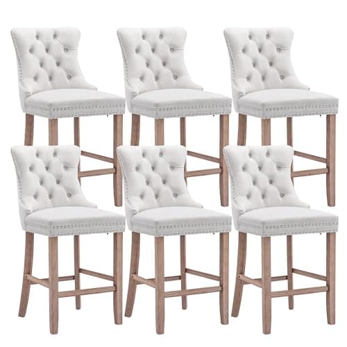 Counter Height Bar Stools Set of 2, Velvet Upholstered with Full Back - White