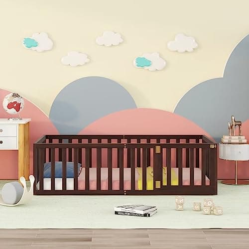 Twin Size Floor Bed with Fence and Door, Montessori Bed Frame for Boys and Girls