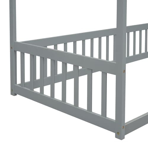 Wooden Twin Montessori Floor Bed Frame with Canopy and Guardrails