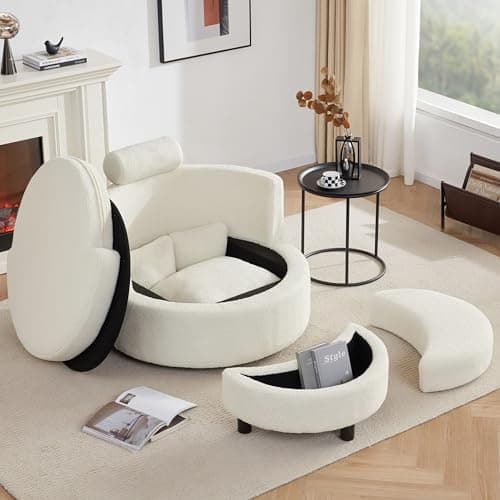 Modern Grey Swivel Chair with Half Moon Storage Ottoman & 3 Pillows for Living Room