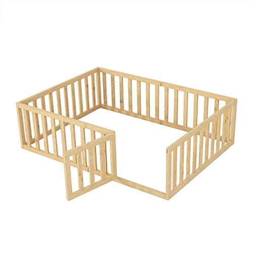 Wooden Montessori Full Size Bed Frame with Safety Rails for Kids, Easy Assembly, Natural Wood Finish