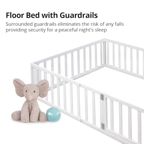 Montessori Floor Bed for Children, Queen Size White Wood Frame with Fence & Door