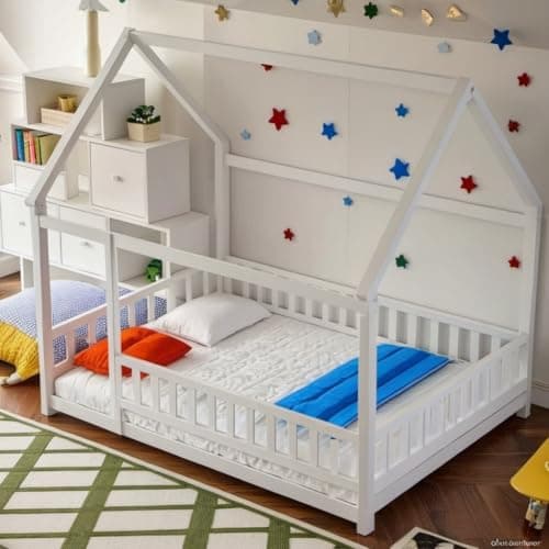 Montessori Floor Bed Frame with Roof & Fence, White, No Box Spring Needed