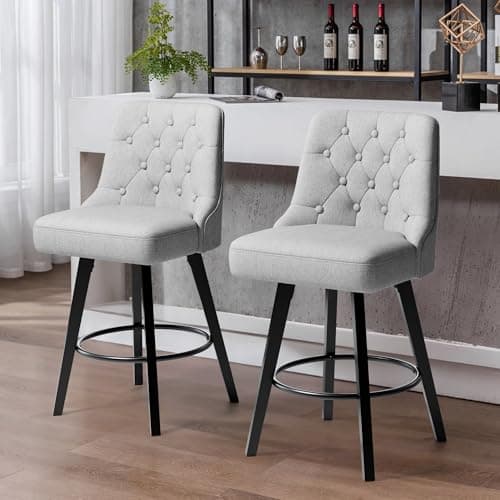 Retro Upholstered Swivel Bar Stools, 360 Rotation, Gray Linen, Solid Wood Legs, Kitchen Island, 26" H Seat