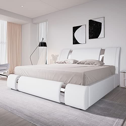 Allewie Black Queen Bed Frame with Iron Decor & Faux Leather Upholstered Platform