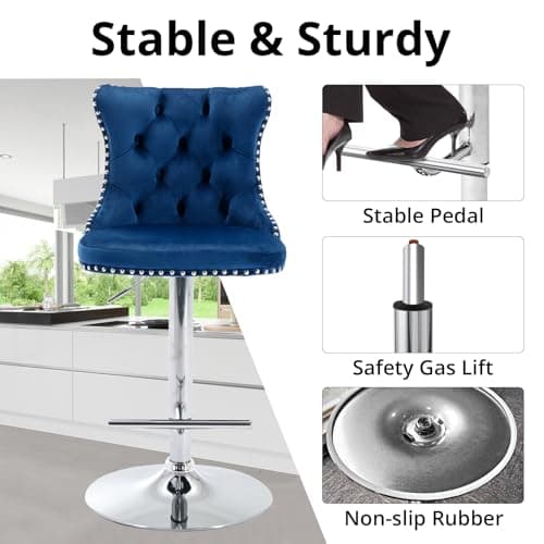 Counter Height Swivel Barstools Set of 2 with High Back and Nailheads Trim, Blue Velvet Upholstered - for Home Bar Kitchen Island Cafe