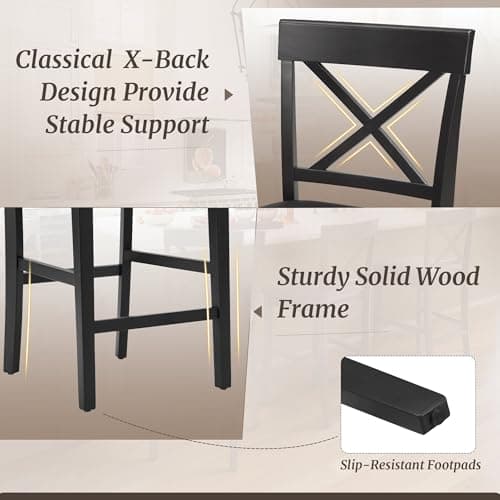 26" Rubber Wood Bar Stools, Set of 4, Black Classical X-Back