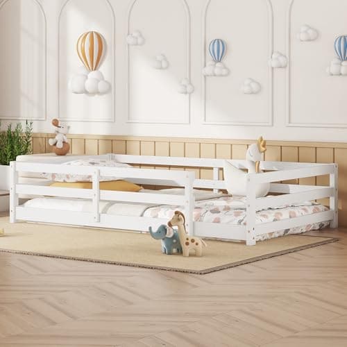 Twin Size Montessori Bed with Fence, Wood for Kids (White)