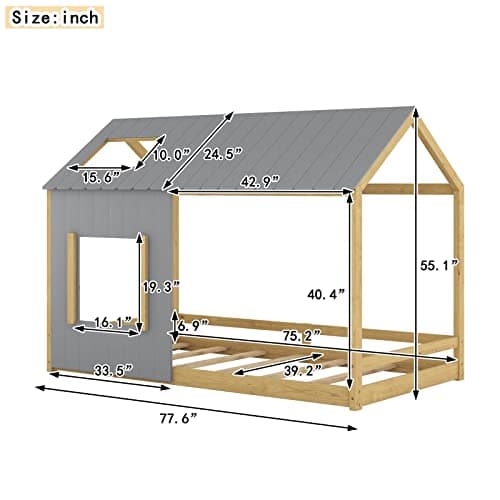 Wood House Twin Bed with Slats, Roof & Window for Kids